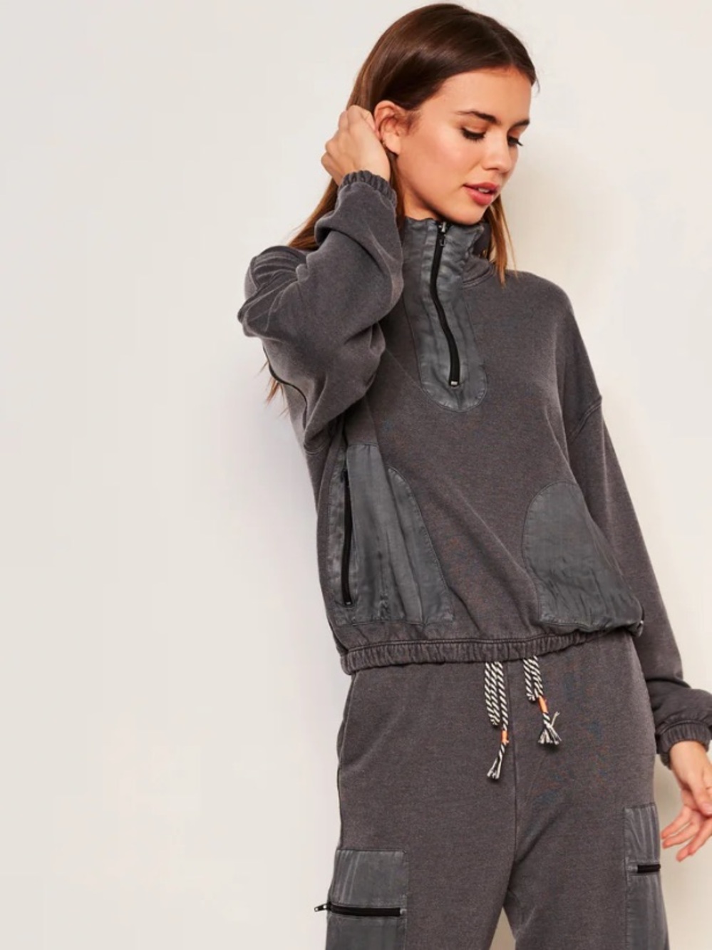 WOMEN'S SUNDRY MIXED MEDIA HALF ZIP POPOVER GREY SWEATSHIRT GORP-CORE PREPPY - Picture 4 of 12